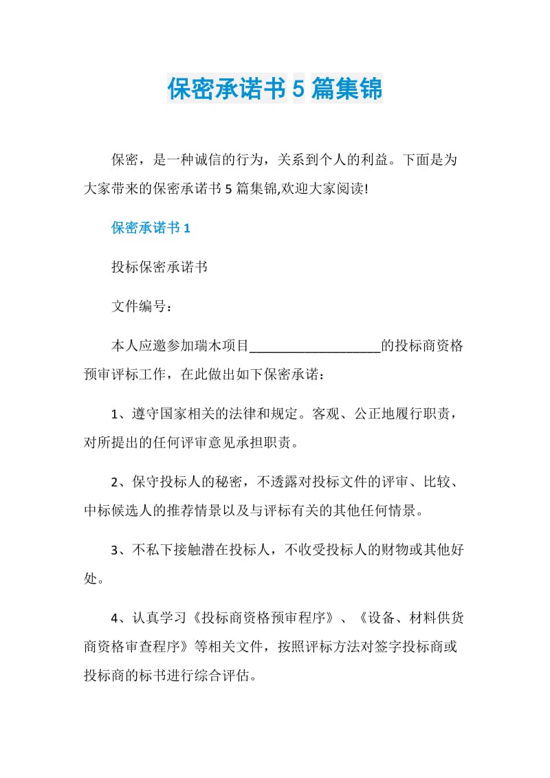 保密承诺书5篇集锦.doc_第1页