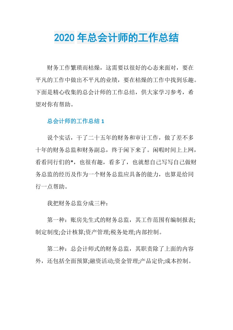 2020年总会计师的工作总结.doc_第1页