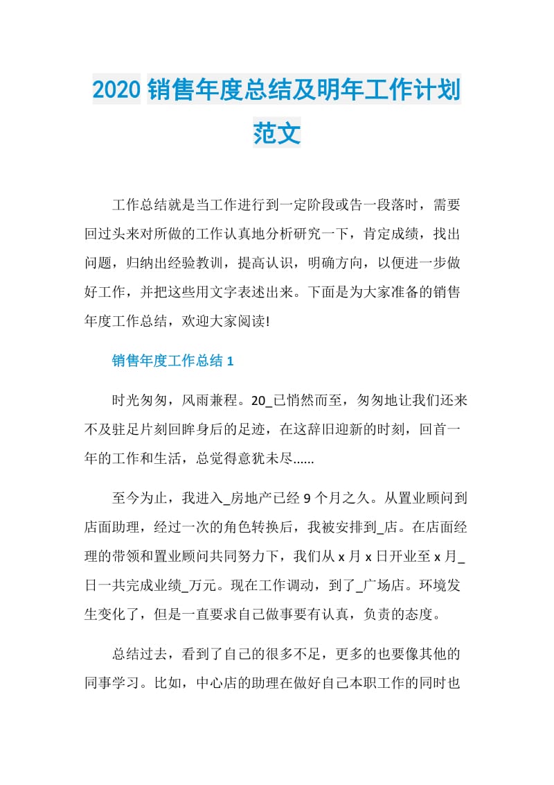 2020销售年度总结及明年工作计划范文.doc_第1页