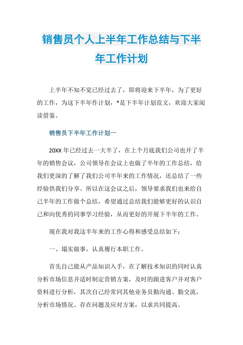 销售员个人上半年工作总结与下半年工作计划.doc_第1页