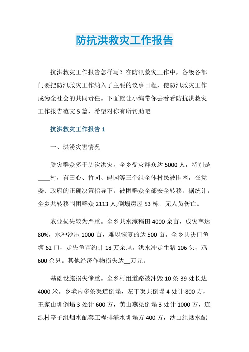 防抗洪救灾工作报告.doc_第1页