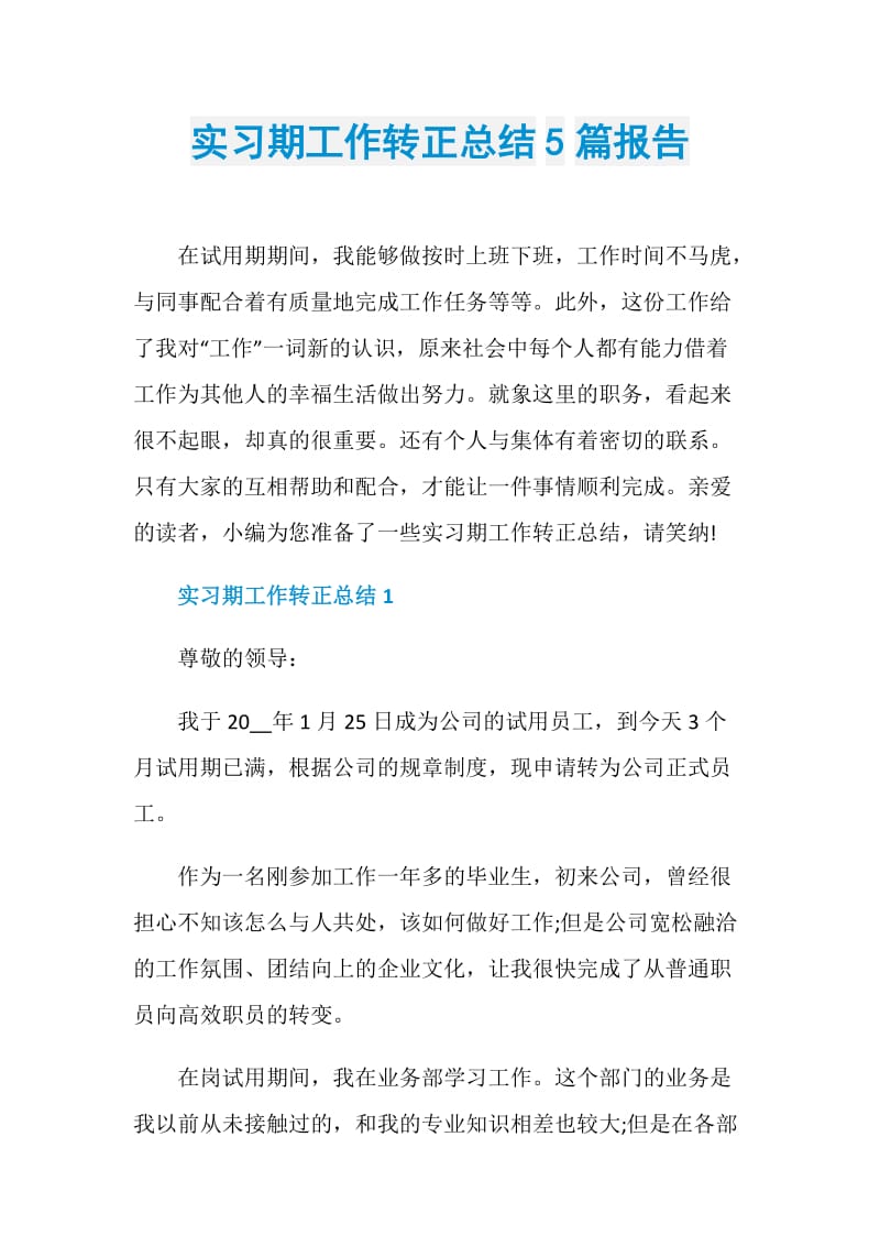 实习期工作转正总结5篇报告.doc_第1页