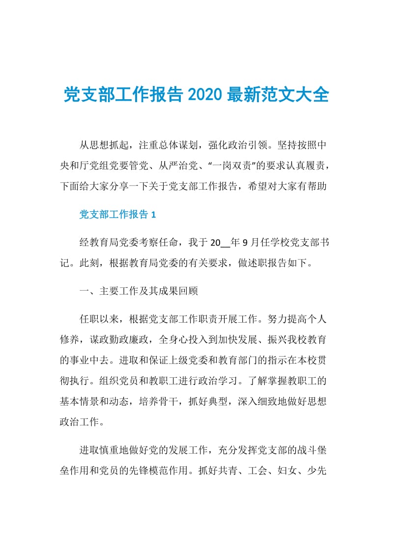 党支部工作报告2020最新范文大全.doc_第1页