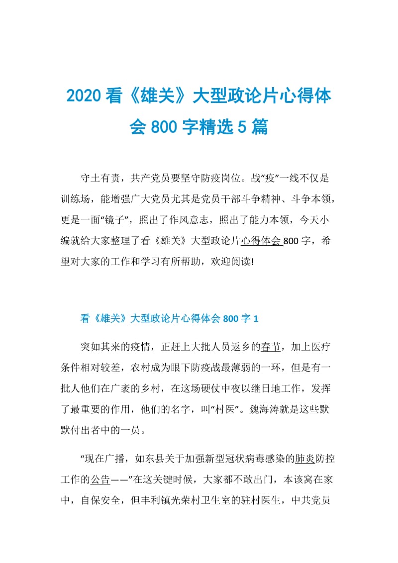 2020看《雄关》大型政论片心得体会800字精选5篇.doc_第1页