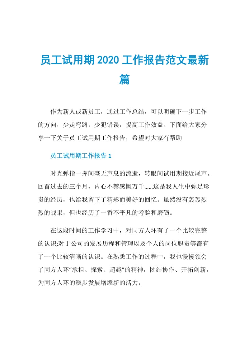 员工试用期2020工作报告范文最新篇.doc_第1页