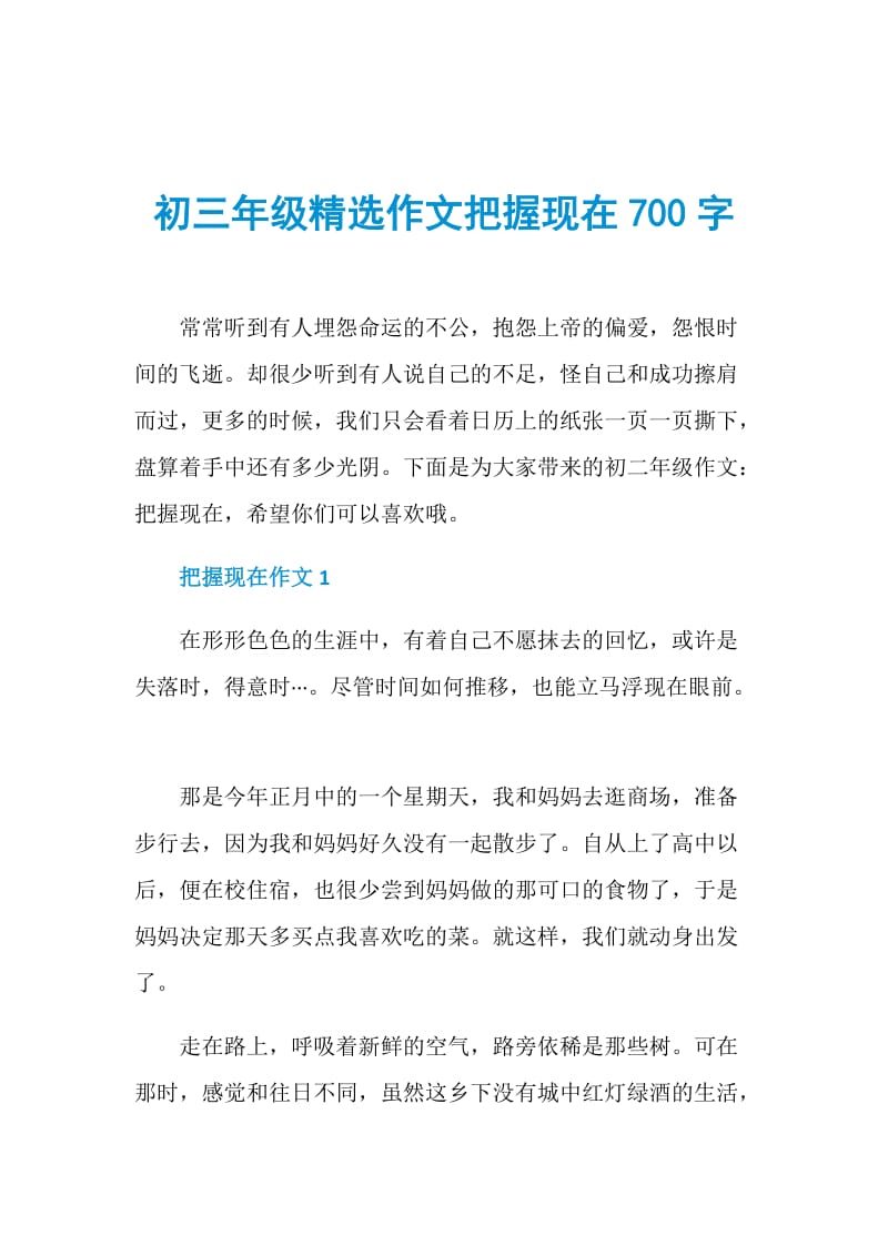 初三年级精选作文把握现在700字.doc_第1页