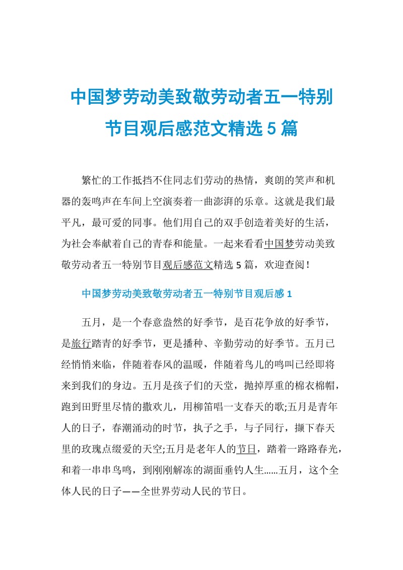 中国梦劳动美致敬劳动者五一特别节目观后感范文精选5篇.doc_第1页