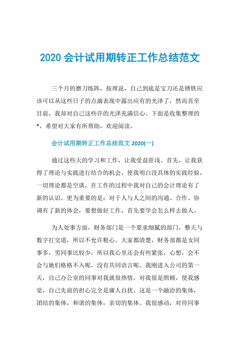 2020会计试用期转正工作总结范文.doc_第1页