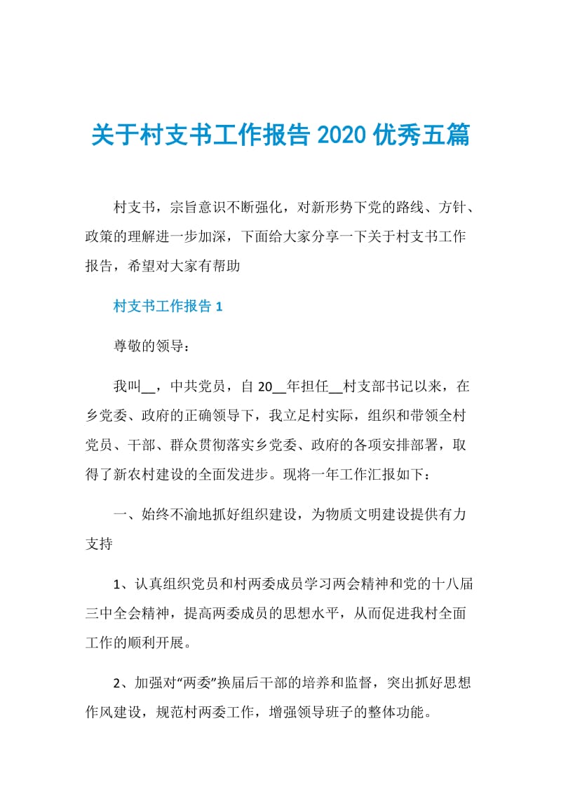 关于村支书工作报告2020优秀五篇.doc_第1页