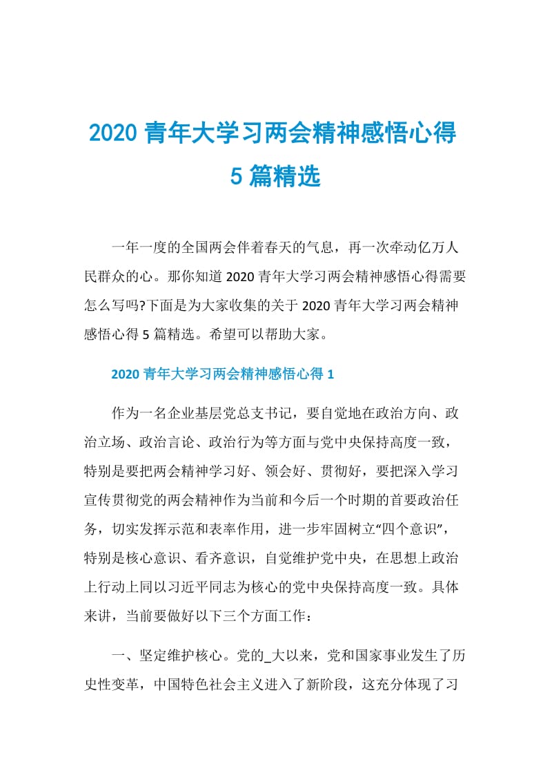 2020青年大学习两会精神感悟心得5篇精选.doc_第1页