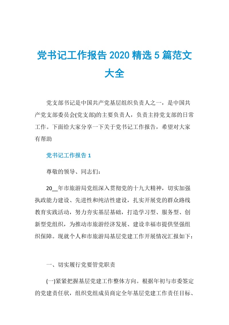 党书记工作报告2020精选5篇范文大全.doc_第1页