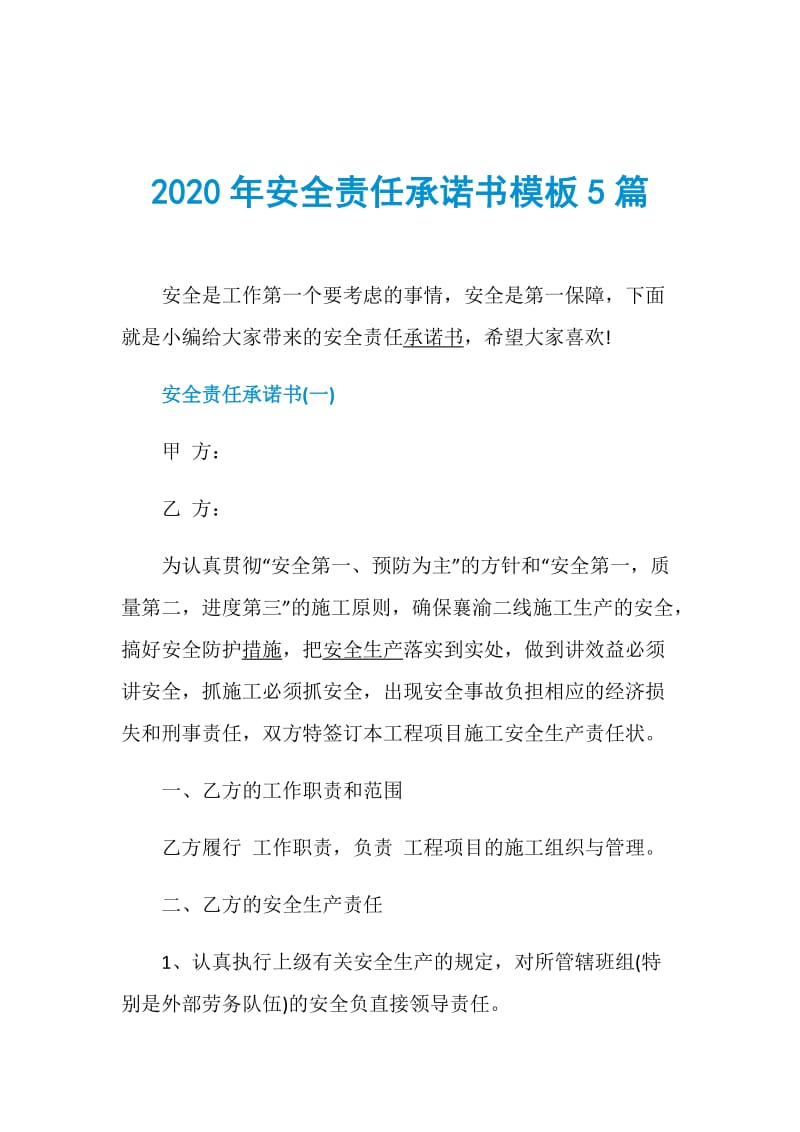 2020年安全责任承诺书模板5篇.doc_第1页