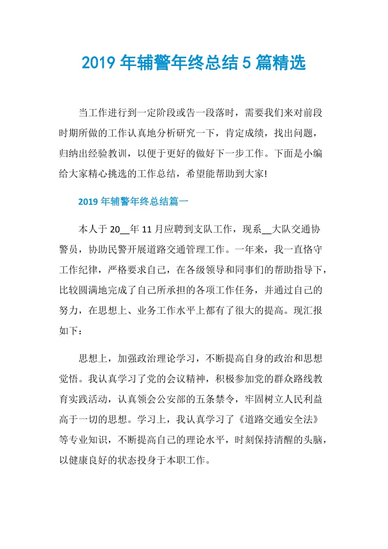 2019年辅警年终总结5篇精选.doc_第1页