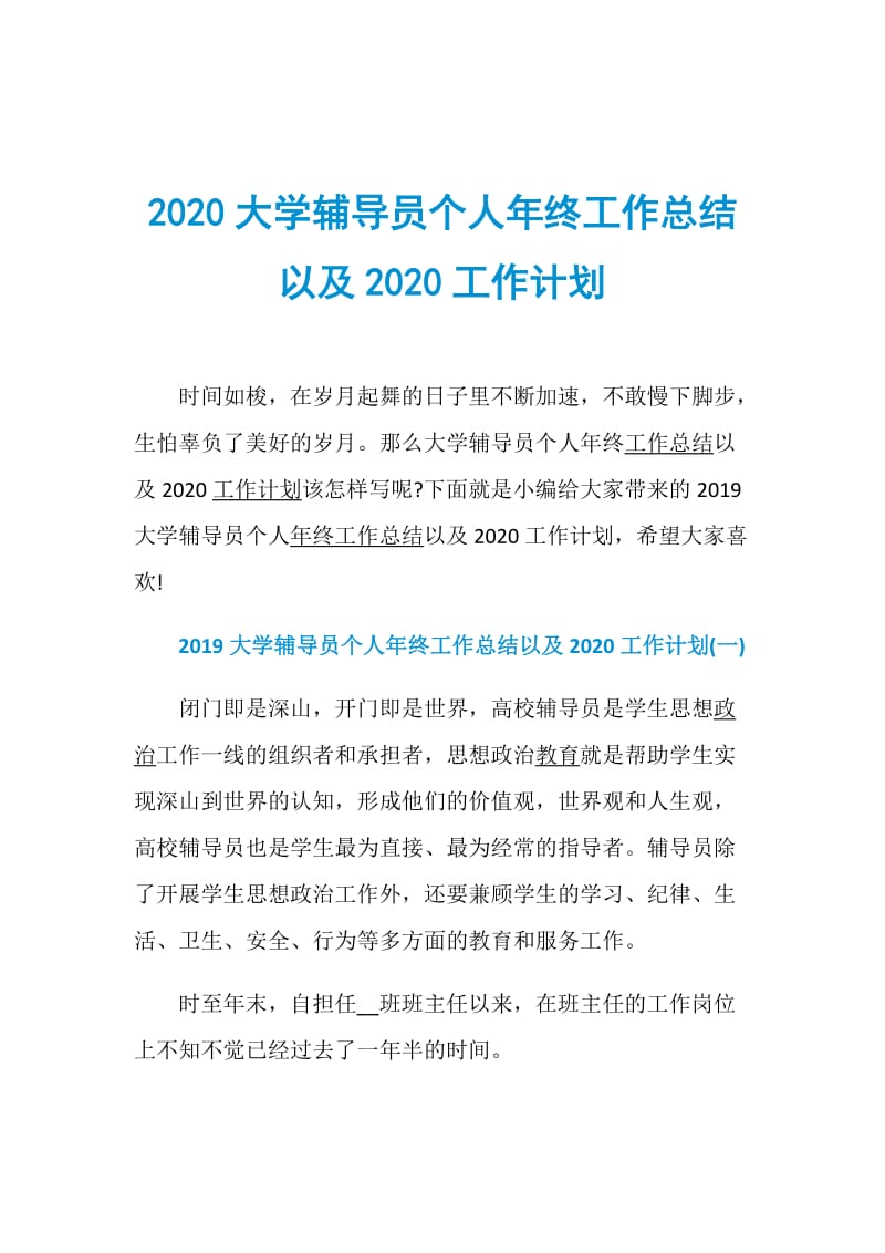 2020大学辅导员个人年终工作总结以及2020工作计划.doc_第1页