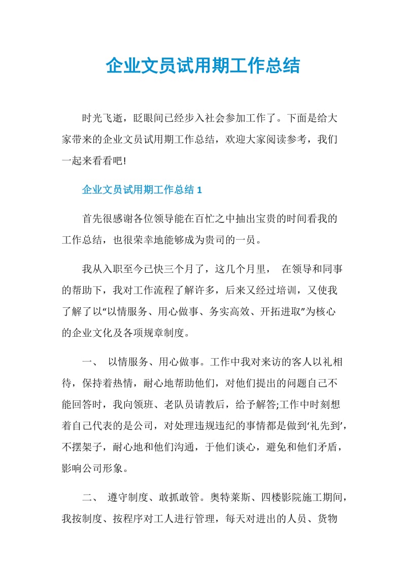 企业文员试用期工作总结.doc_第1页