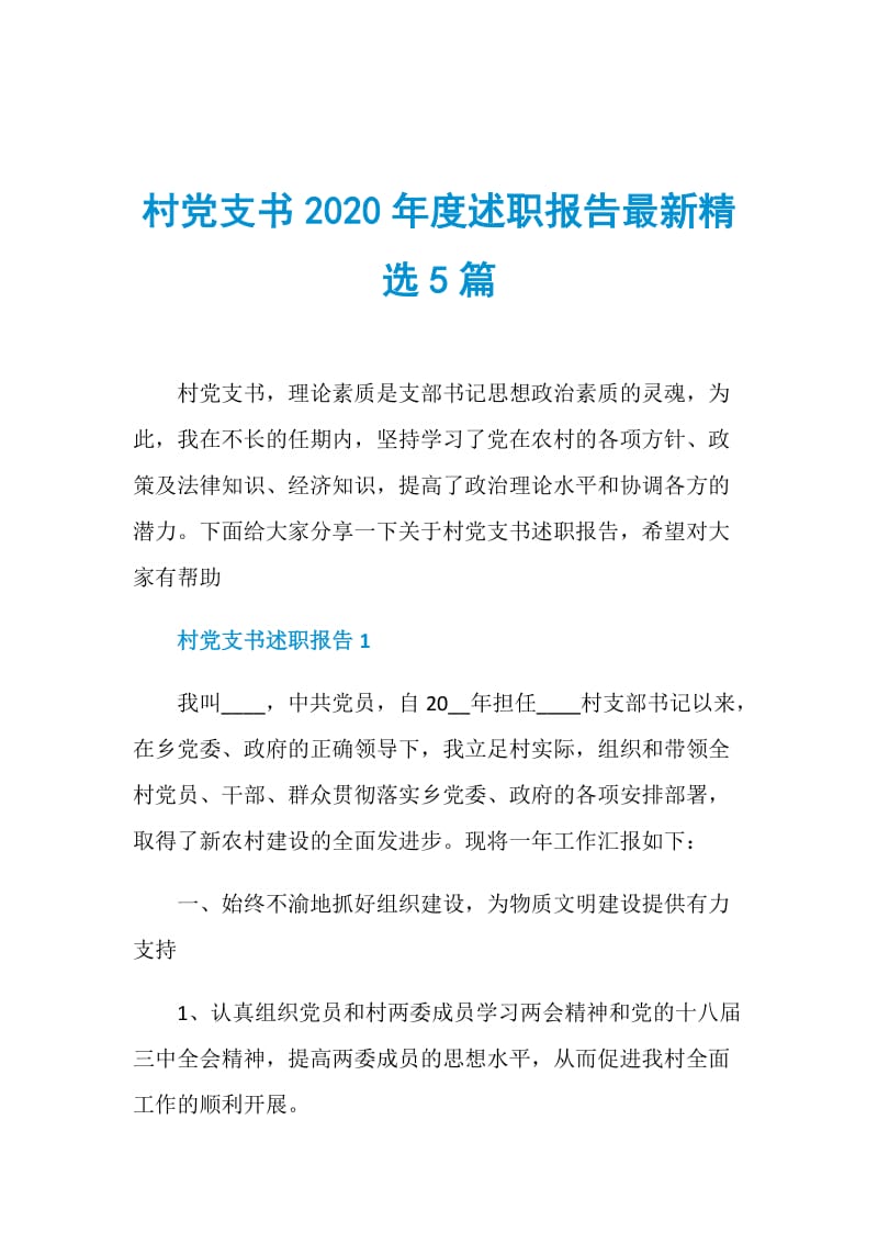 村党支书2020年度述职报告最新精选5篇.doc_第1页