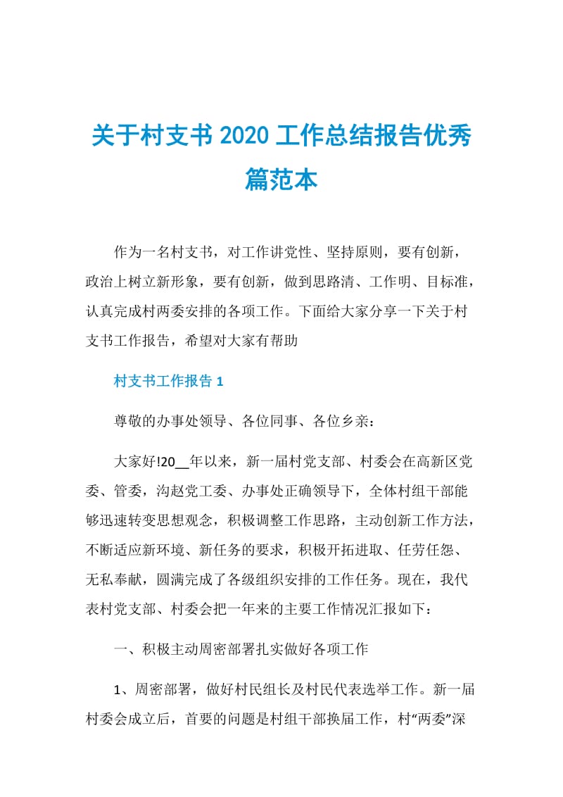 关于村支书2020工作总结报告优秀篇范本.doc_第1页