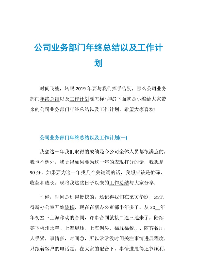 公司业务部门年终总结以及工作计划.doc_第1页