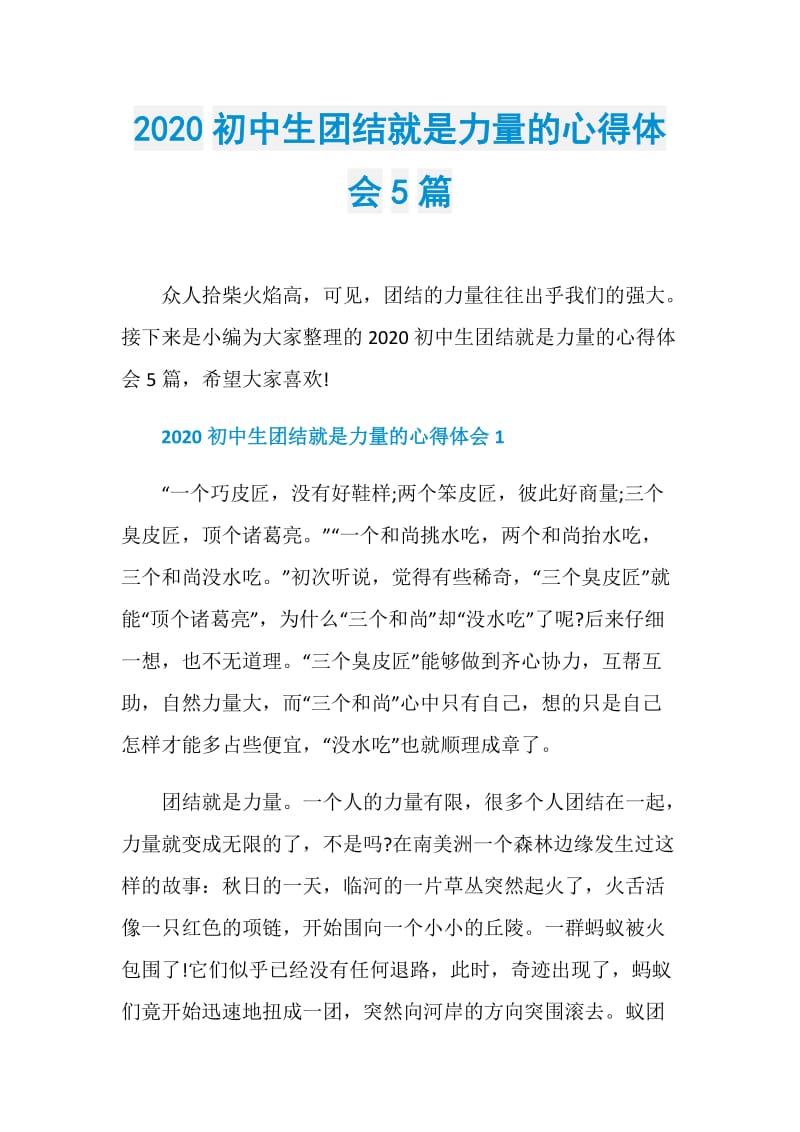 2020初中生团结就是力量的心得体会5篇.doc_第1页