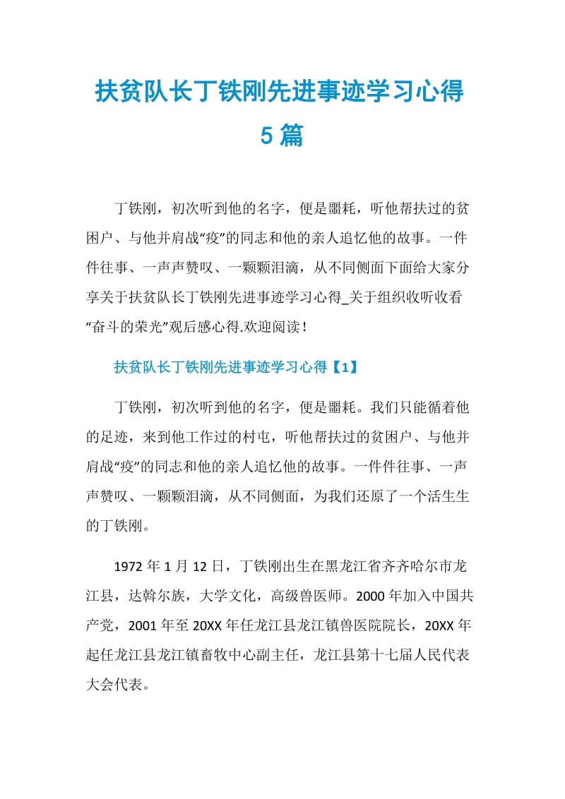 扶贫队长丁铁刚先进事迹学习心得5篇.doc_第1页