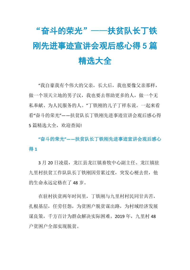 “奋斗的荣光”——扶贫队长丁铁刚先进事迹宣讲会观后感心得5篇精选大全.doc_第1页