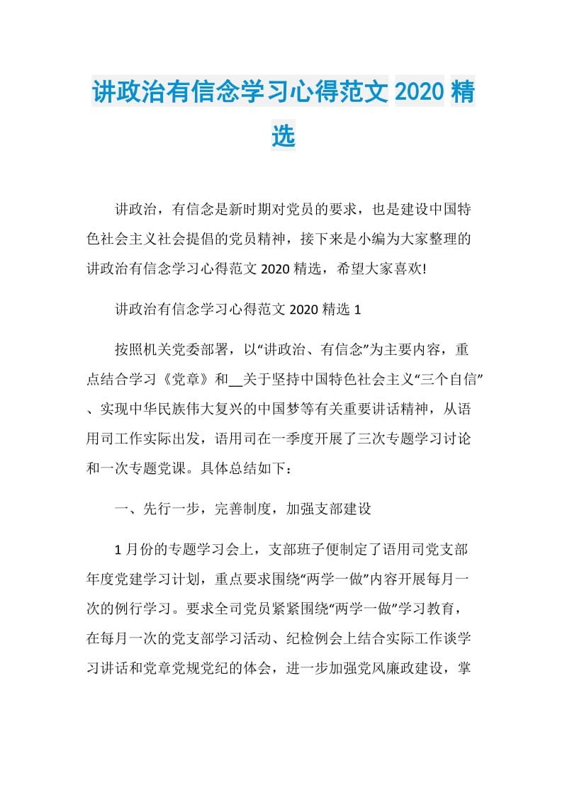 讲政治有信念学习心得范文2020精选.doc_第1页