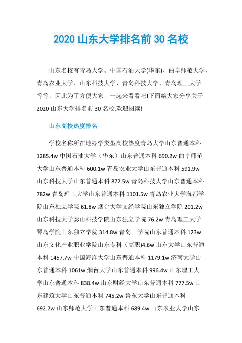 2020山东大学排名前30名校.doc_第1页