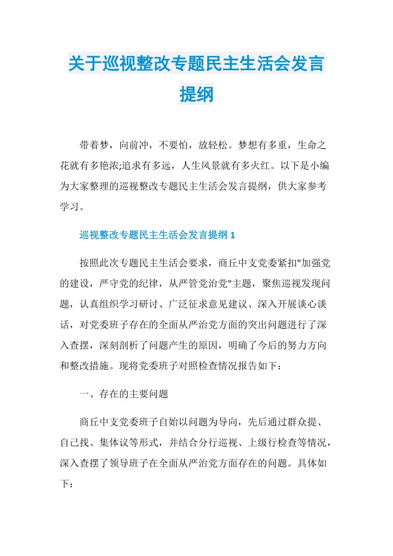 关于巡视整改专题民主生活会发言提纲.doc_第1页