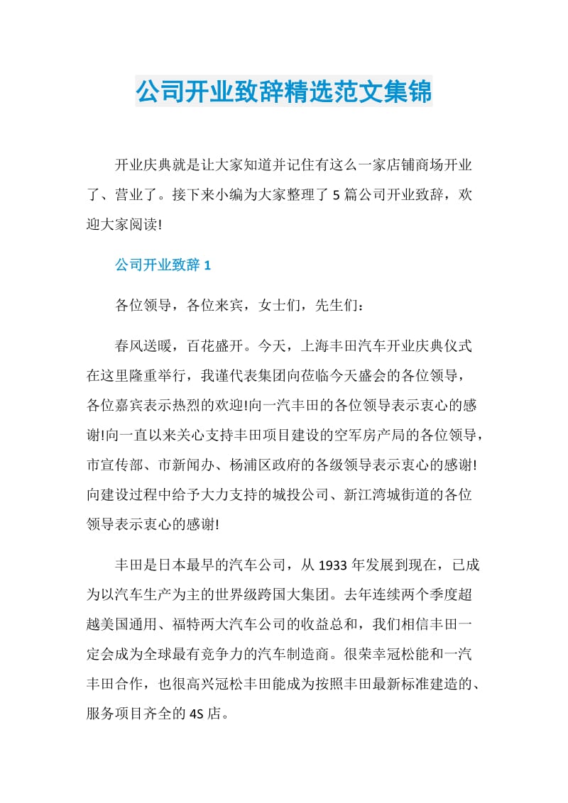 公司开业致辞精选范文集锦.doc_第1页