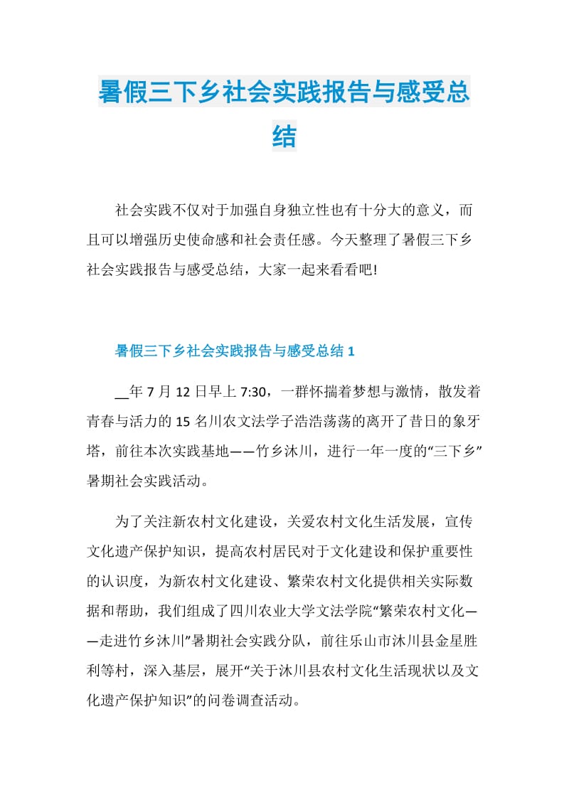 暑假三下乡社会实践报告与感受总结.doc_第1页