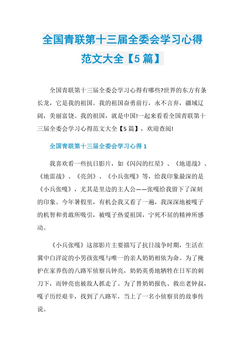 全国青联第十三届全委会学习心得范文大全【5篇】.doc_第1页