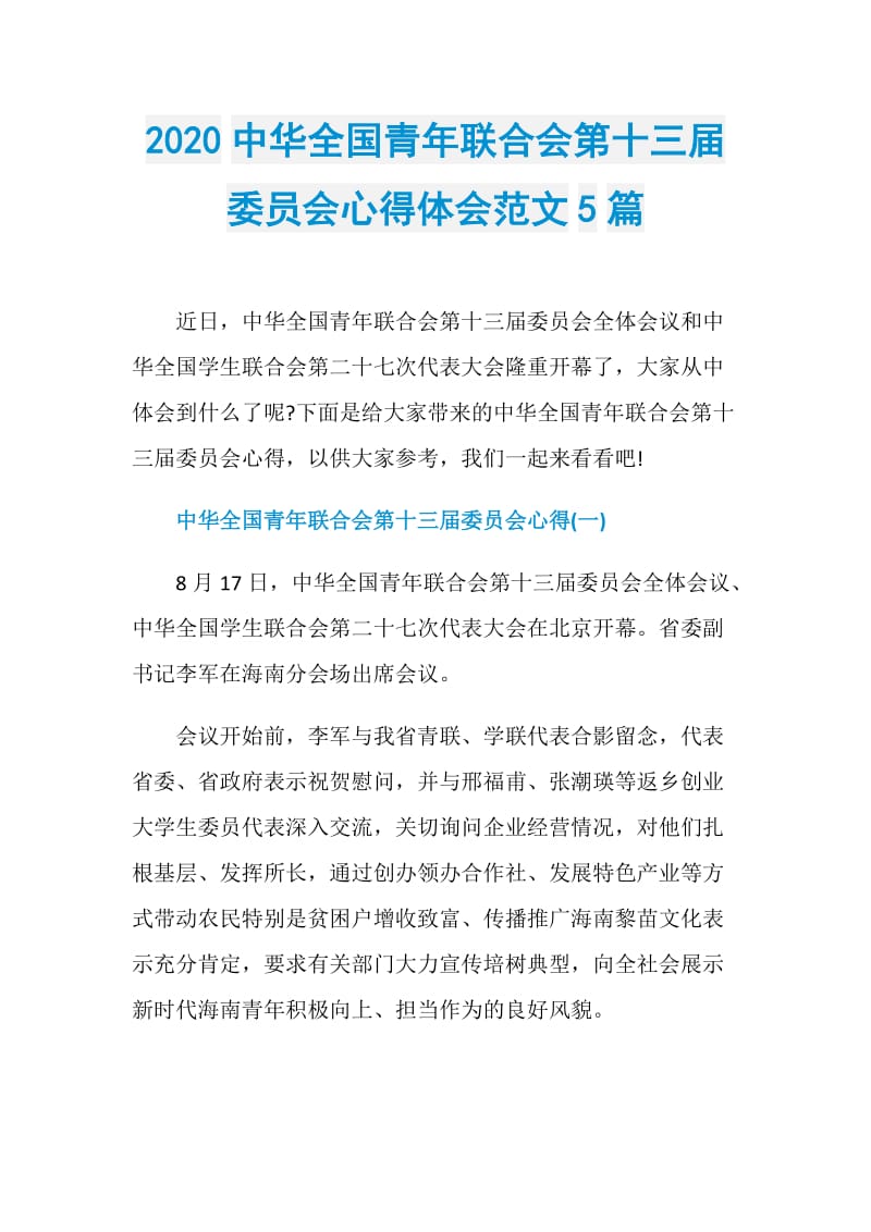 2020中华全国青年联合会第十三届委员会心得体会范文5篇.doc_第1页