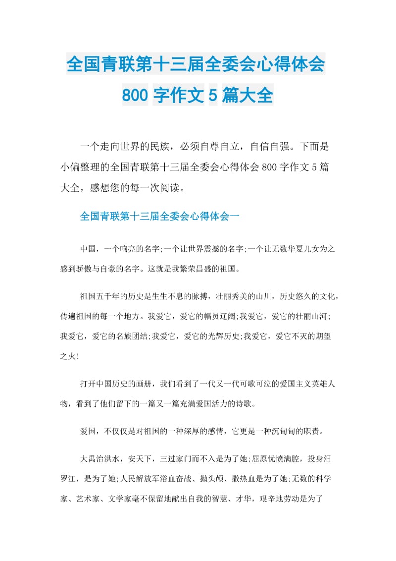 全国青联第十三届全委会心得体会800字作文5篇大全.doc_第1页