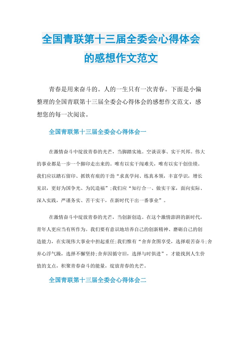 全国青联第十三届全委会心得体会的感想作文范文.doc_第1页