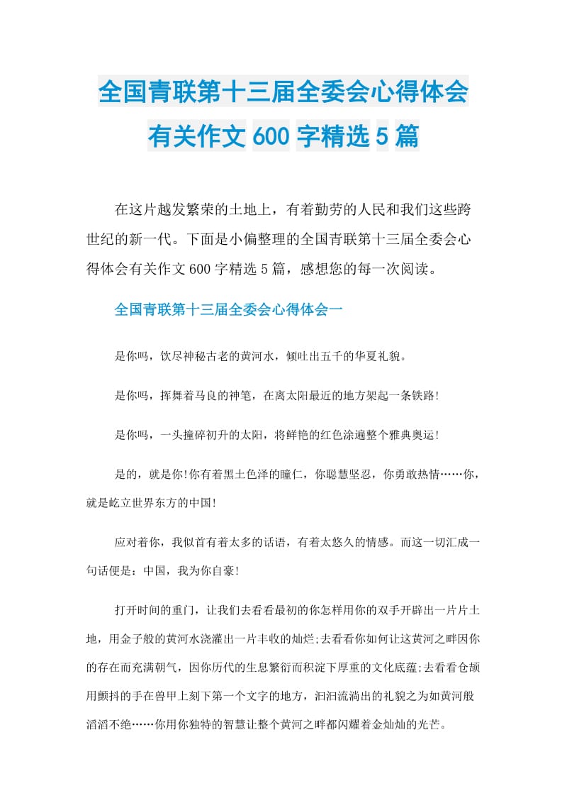 全国青联第十三届全委会心得体会有关作文600字精选5篇.doc_第1页