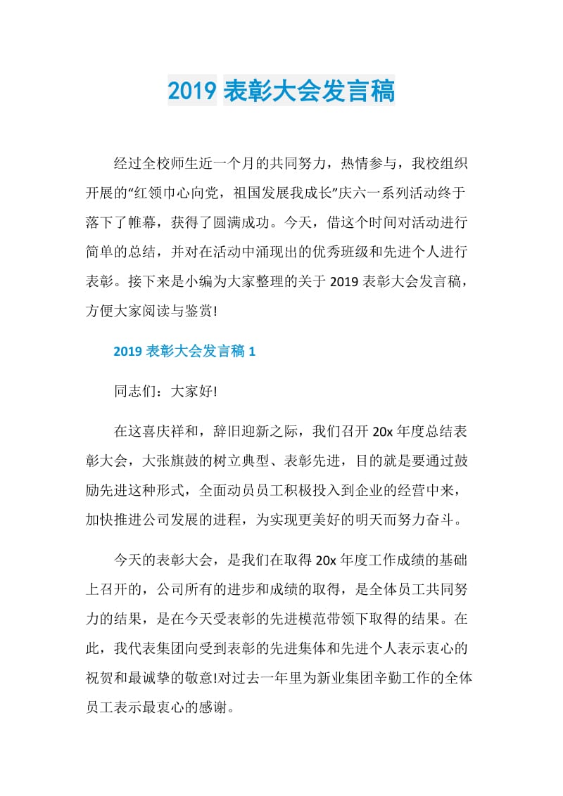 2019表彰大会发言稿.doc_第1页