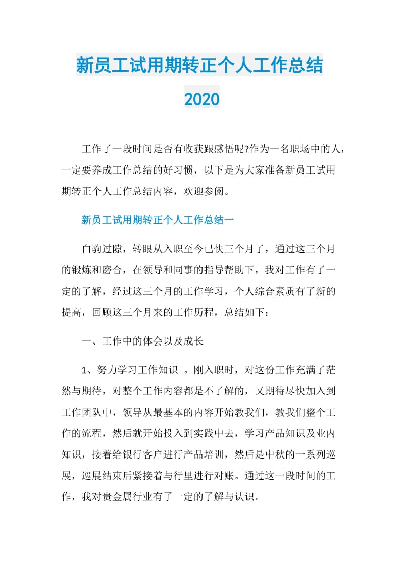 新员工试用期转正个人工作总结2020.doc_第1页