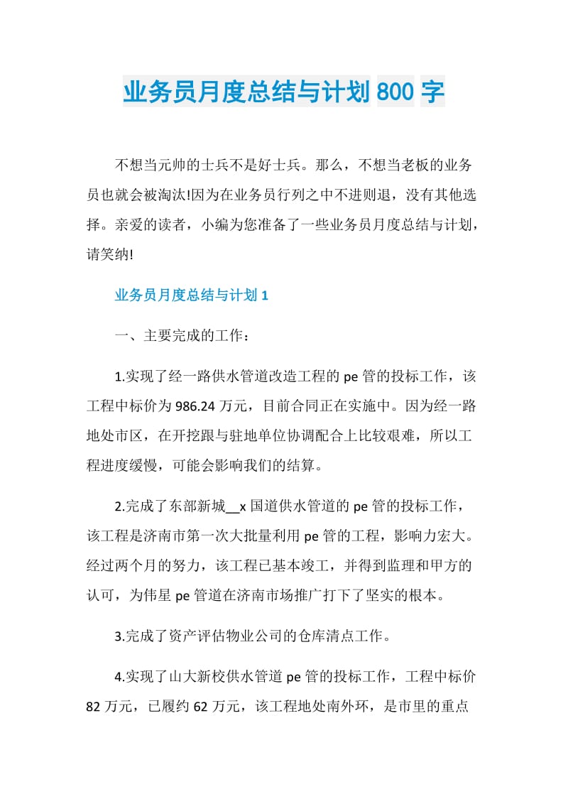 业务员月度总结与计划800字.doc_第1页