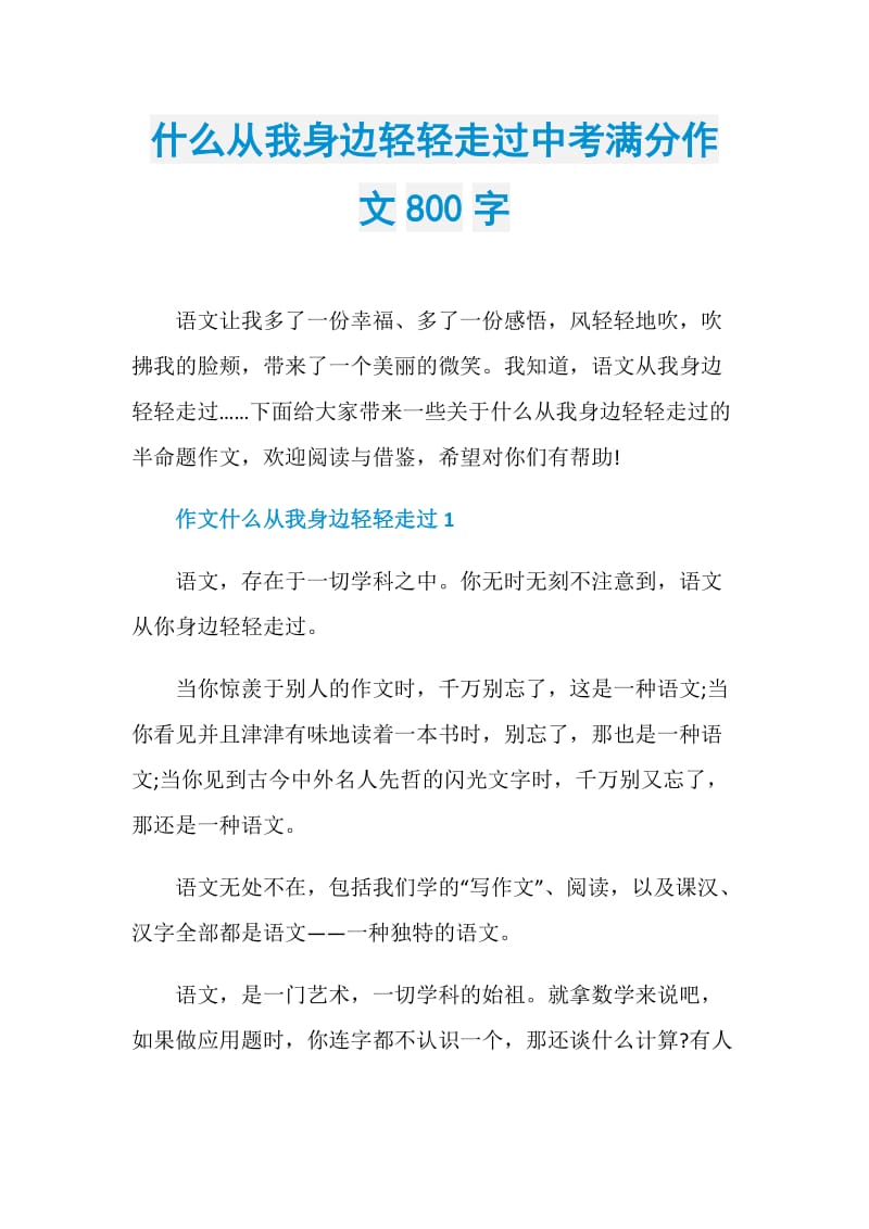 什么从我身边轻轻走过中考满分作文800字.doc_第1页