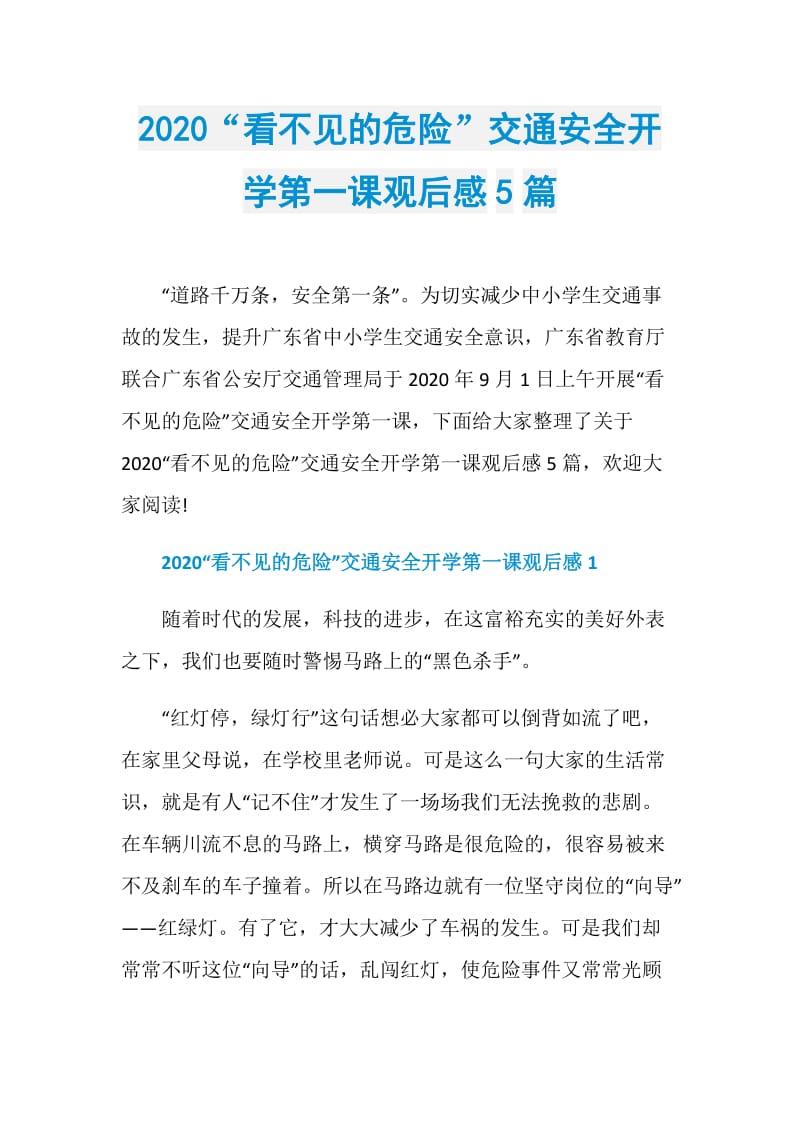 2020“看不见的危险”交通安全开学第一课观后感5篇_1.doc_第1页