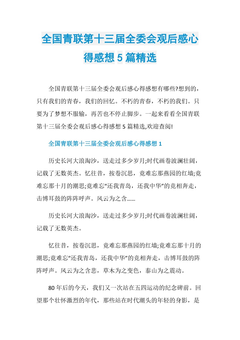 全国青联第十三届全委会观后感心得感想5篇精选.doc_第1页