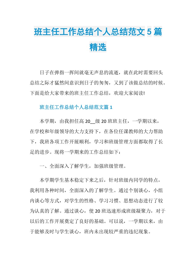 班主任工作总结个人总结范文5篇精选.doc_第1页