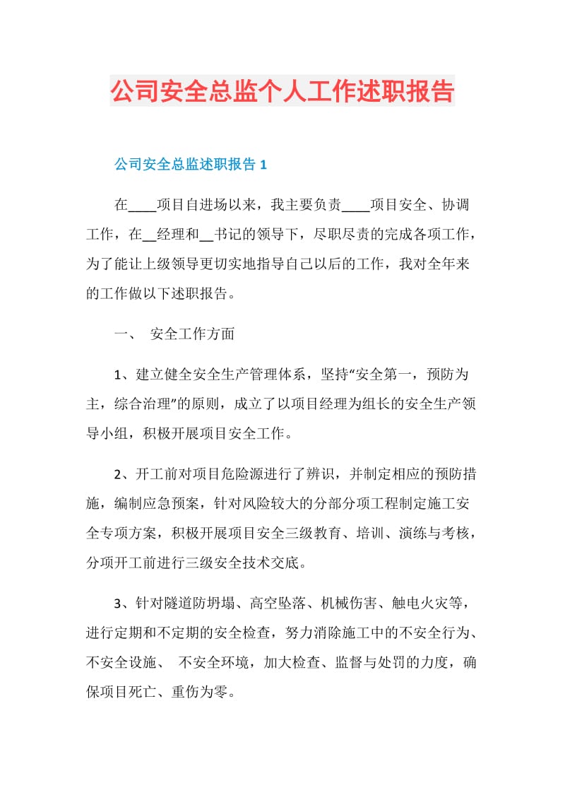 公司安全总监个人工作述职报告.doc_第1页