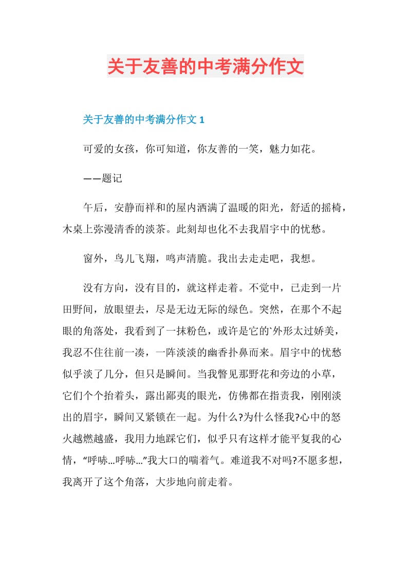 关于友善的中考满分作文.doc_第1页