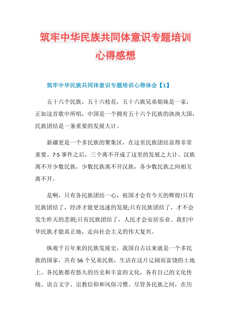 筑牢中华民族共同体意识专题培训心得感想.doc_第1页