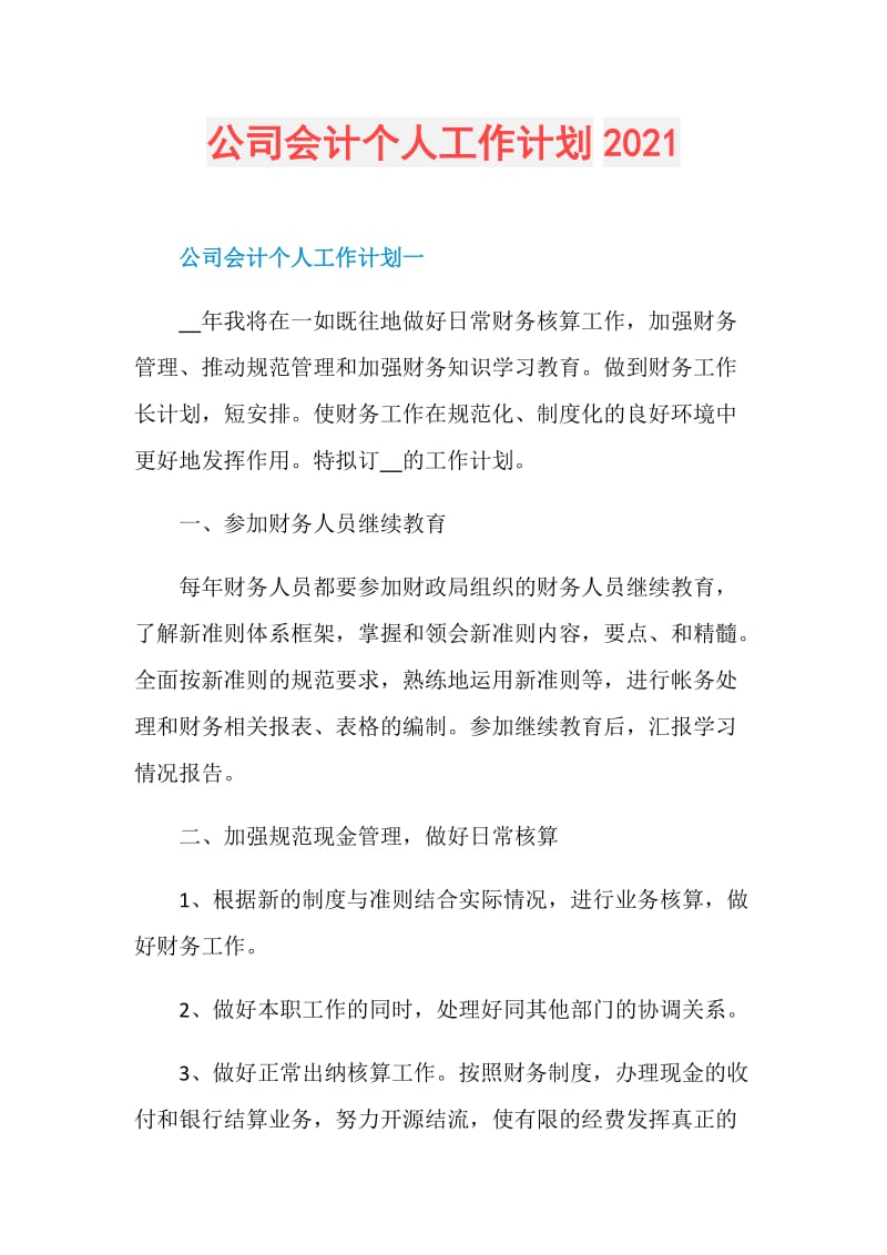 公司会计个人工作计划2021.doc_第1页