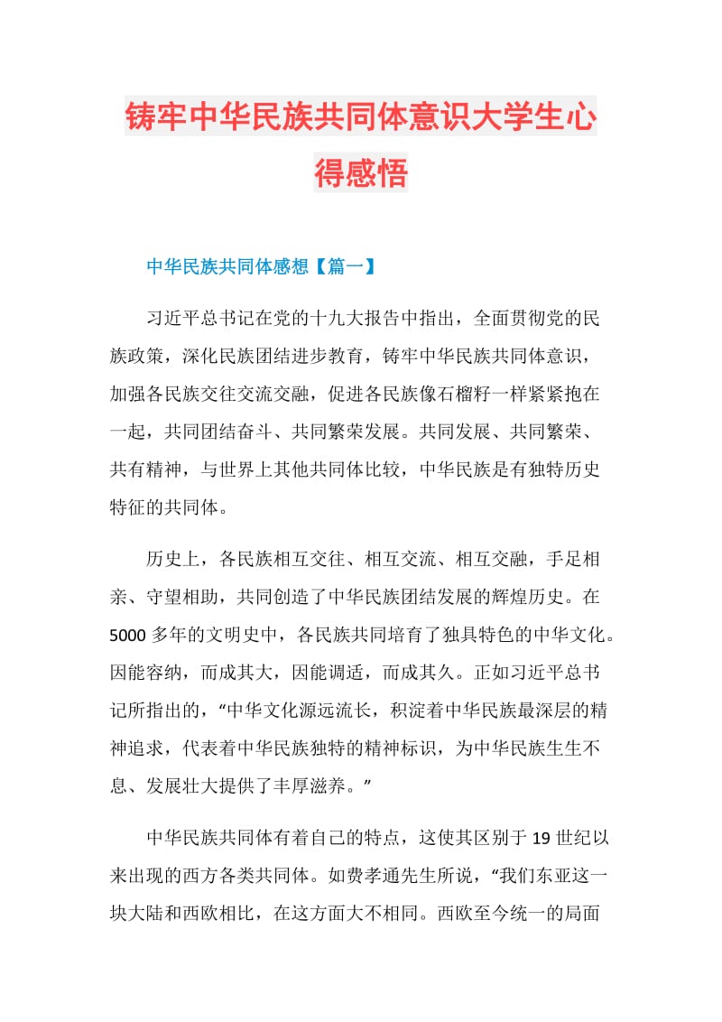 铸牢中华民族共同体意识大学生心得感悟.doc_第1页