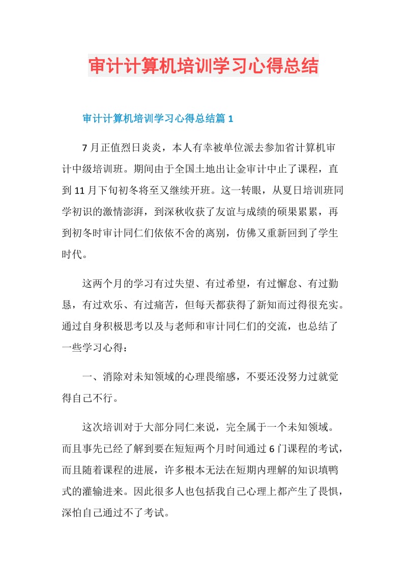 审计计算机培训学习心得总结.doc_第1页