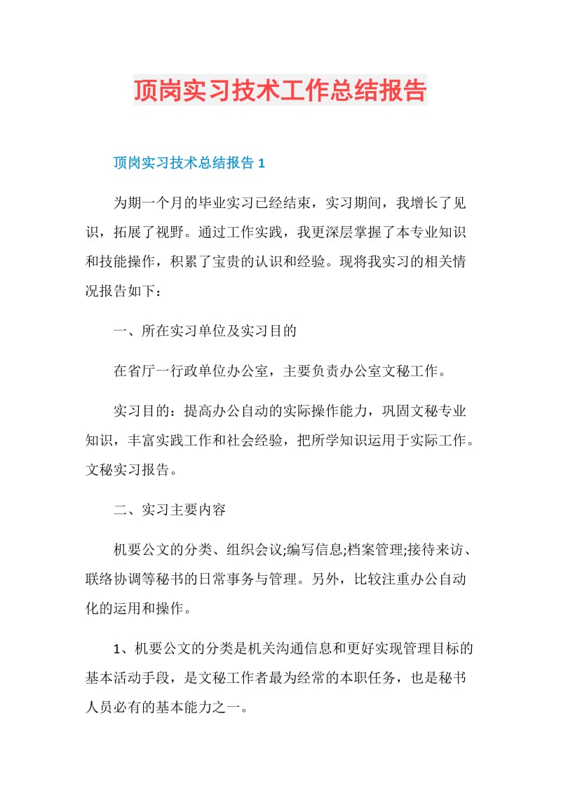 顶岗实习技术工作总结报告.doc_第1页