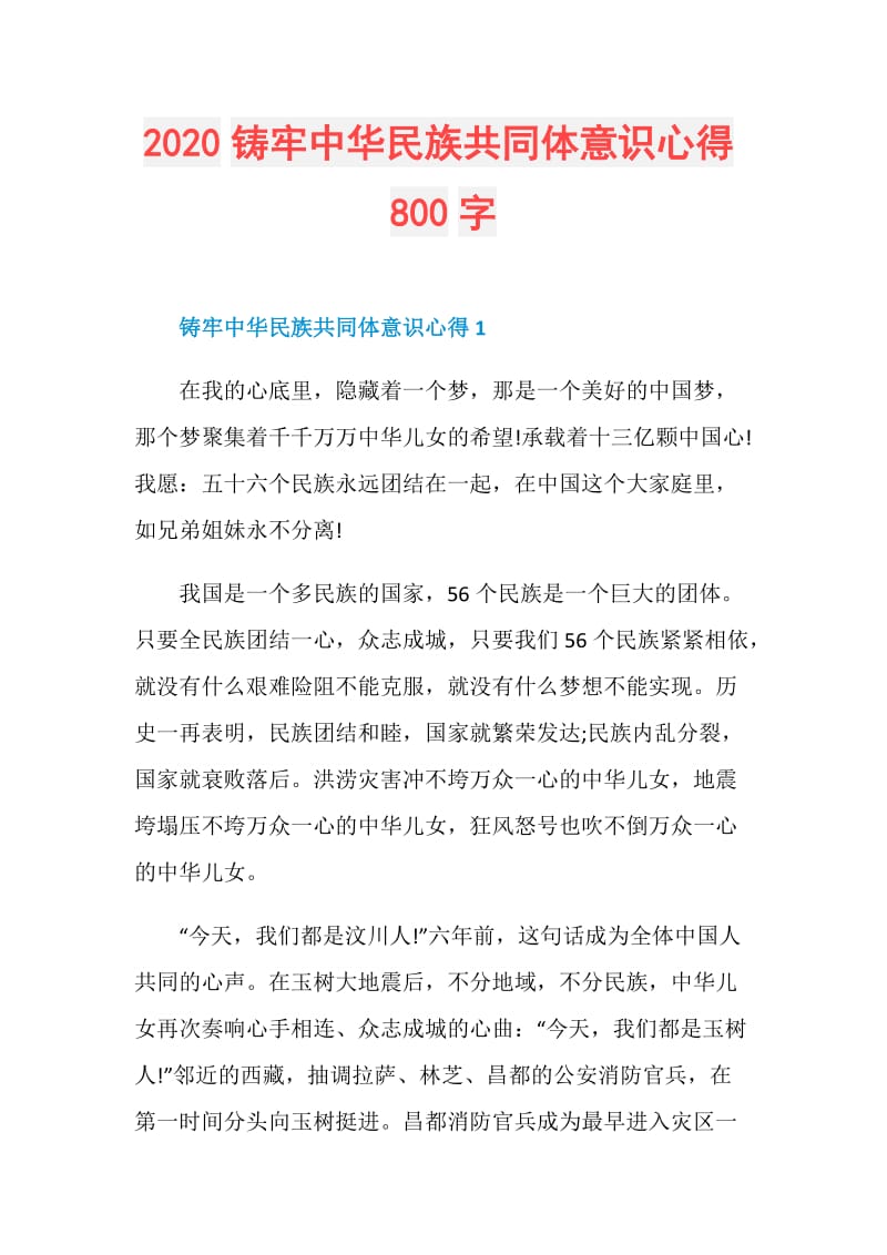 2020铸牢中华民族共同体意识心得800字.doc_第1页